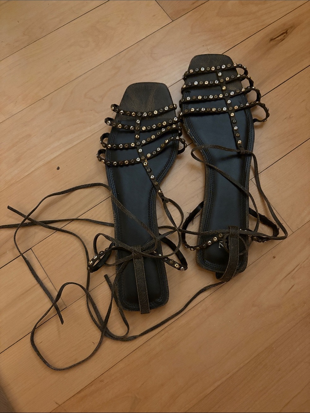 Zara Black Lace-Up Studded Gladiator Sandals